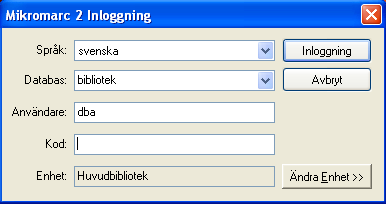 Inloggning i MM2 Fjärrlån MM2 Fjärrlån startas med hjälp av programikonen. När du startar programmet öppnas fönstret Mikromarc 2 Inloggning.