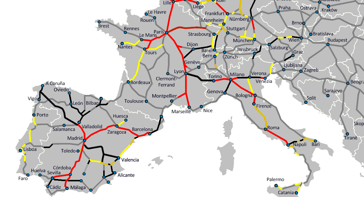 KAPITEL 1. INLEDNING Figur 1.3: Höghastighetsbanor i Europa. (Wikipedia, dec. ) 1.