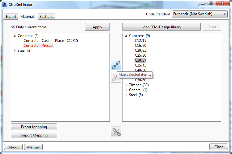 Vid export och import är det nödvändigt att specificera vilka tvärsnitt och material i FD:s bibliotek som motsvarar de som modelleras i Revit.