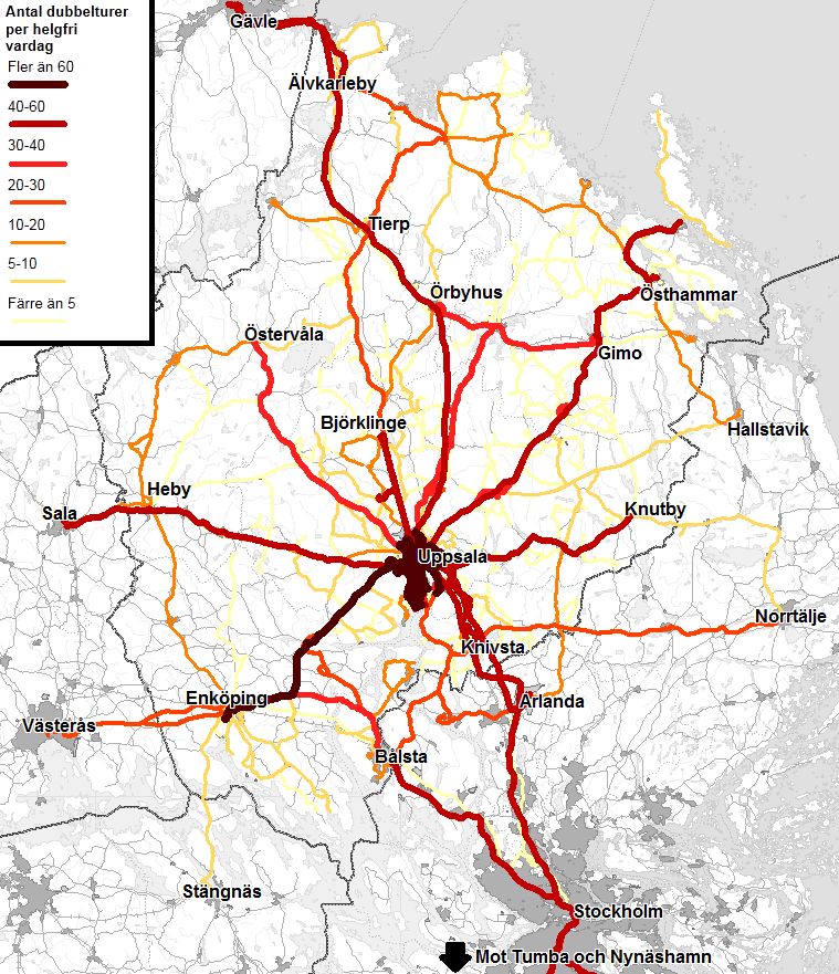 Bilaga 1 Underlag för marknadsanalys Utbud och resande i den avtalade trafiken Över hälften av resorna i länets avtalade kollektivtrafik sker med stadsbussarna i Uppsala.