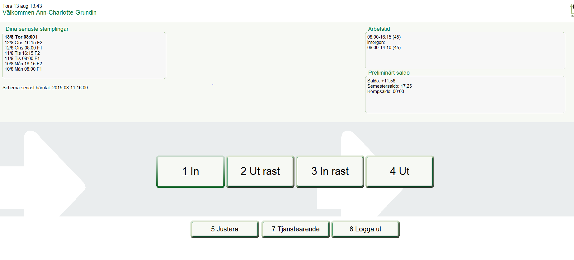 Registrera Här registrerar du din tid och tittar på ditt preliminära saldo och dina senaste stämplingar. Registrera tid Ange ditt Lösenord i Kom och Gå och klicka på OK.