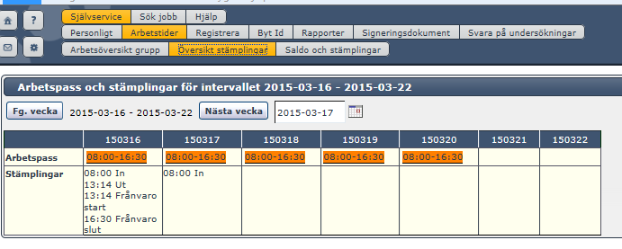 en översikt på dina stämplingar Översikt stämplingar Du kan även gå in via självservice och välja rapporter.