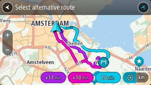 Tips! Information från tjänsten Livstids Traffic används vid beräkning av alternativa rutter. En rutt som tar 50 % längre tid än originalrutten visas inte. 5. Markera den valda rutten genom att trycka på tidsballong.