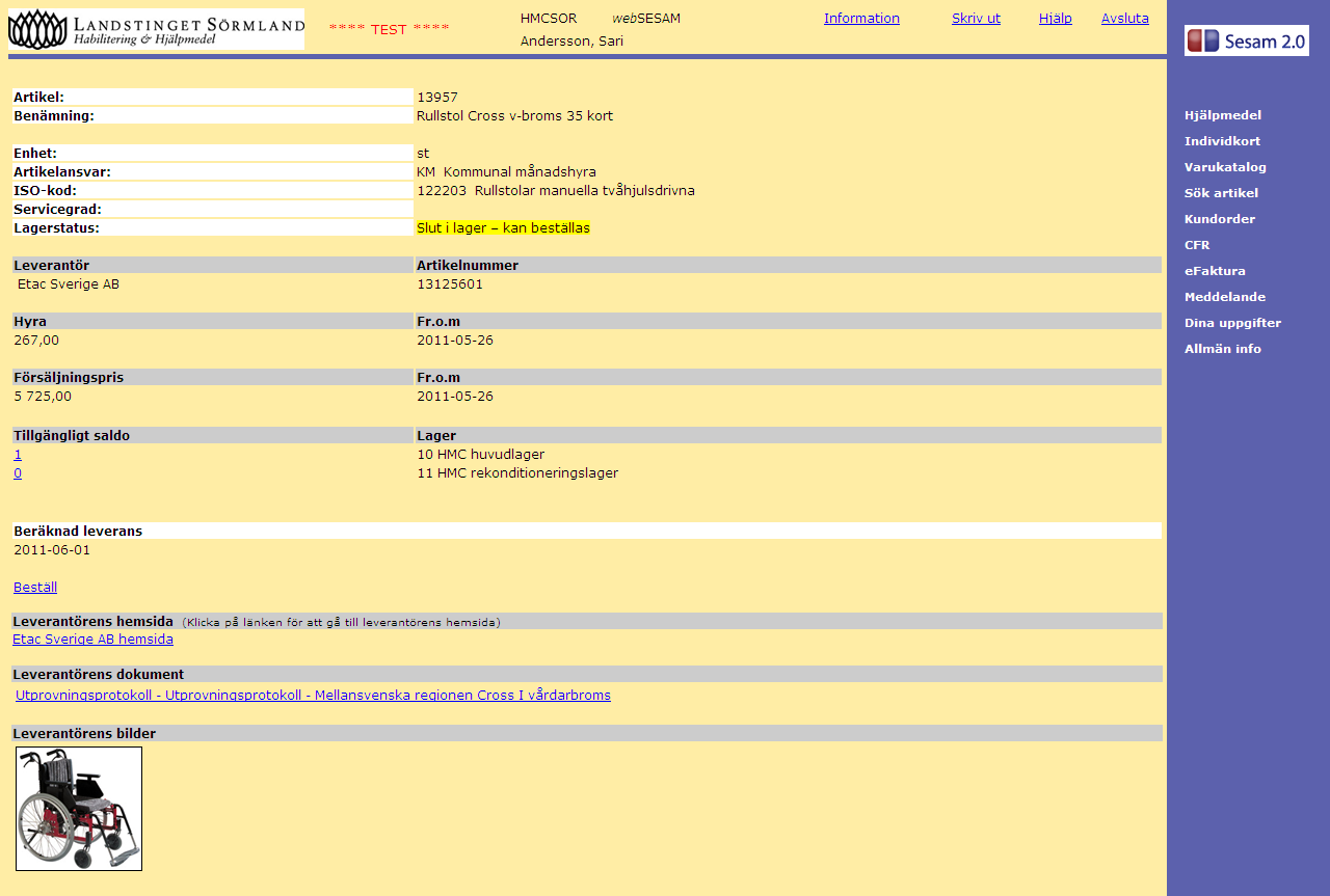 Artikelinformation Bilden Artikelinformation nås genom att klicka på artikelnummerlänken från någon annan bild i websesam, exempelvis Sök artikel, Varukatalogen eller Hjälpmedelsbilden.