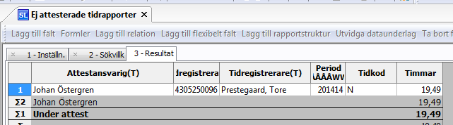 Ej attesterade tidrapporter Denna rapport visar hos vem en transaktion ligger för attest. Om vi gör en utsökning utifrån exemplet på sidan innan, Tore vecka 201414.