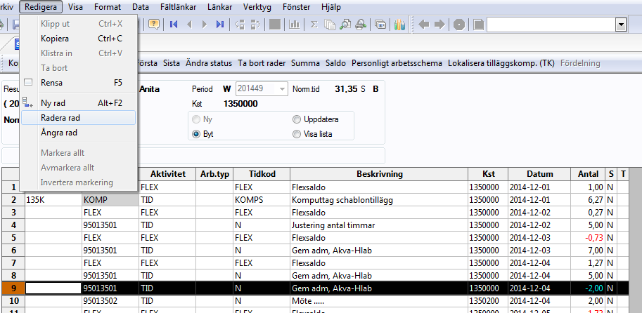 Nu är raden borta. Justera på en befintlig rad: ändra antalet timmar, byta kst, byta aktivitet (gäller de inst som använder olika aktiviteter), benämning mm.