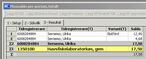 I slutet av rapporten ser man om det har blivit någon uppdatering av slutdatum, genom att antal uppdateringar syns inom klammrarna [ 1 ] Avstämning Flex-saldon Det finns tre olika rapporter som