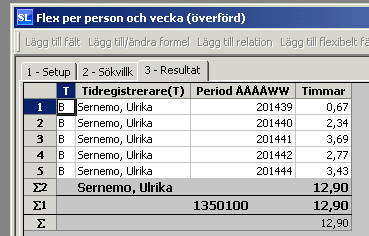 Flex per person och vecka (överförda) Man kan göra urval på personnivå och kst-nivå. Ange * om man vill hämta alla kst som börjar på t.ex. 13501.