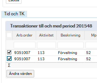 Man kan söka ett urval via den grå sökraden överst i tabellen om man bara vill se vissa poster med t.ex. en viss tidkod.