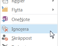 Organisera Inkorgen - Konversationer Ignorera konversationer Genom att högerklicka och välja Ignorera tar du bort brev du har fått och framtida meddelanden i samma konversation hamnar direkt i mappen