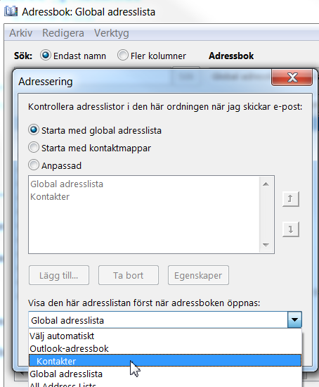 Kontakter - Adressboken Adressboken Öppna adressboken genom att klicka på knappen Adressbok på menyfliken Start eller genom att klicka på knappen Till i ett nytt mail Här kan du välja den Globala