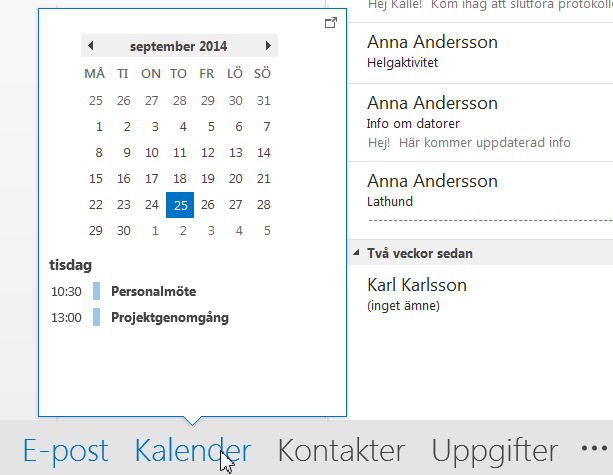 Allmänt - Utseendet i programmet, Vyer Allmänt Outlook är ett program för informationshantering. Du kan skicka och ta emot elektronisk post.