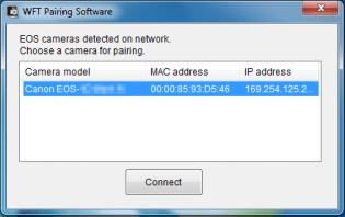 Konfigurera kommunikationsinställningar för EOS Utility 4 5 Om flera kameror visas kan du se på kamerans LCD-monitor vilken MAC-adress kameran som du vill ansluta till har.