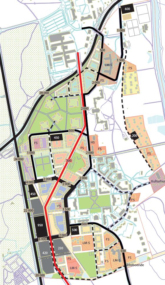 Figur 2. Trafiksiffror Ulleråker För vägar av typ Lokalgata 1 och 2 sattes trafiken till 400 respektive 100 fordon/dag.