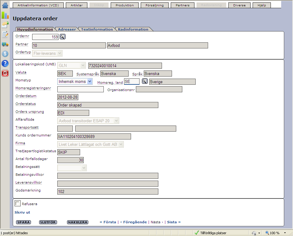 Senast uppdaterat: 12-10-17 Exder Axfood transit ESAP 20.1 v1.5 sida 19 av 40 Ordern visas nu i Exder. Under fliken Huvudinformation kan ni se bl.a. orderdatum, orderstatus, affärsflöde och ordertyp.
