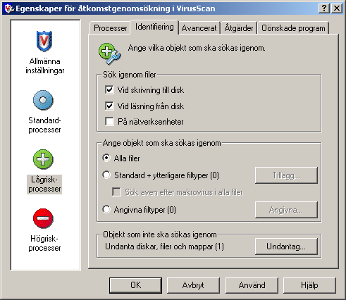 Processinställningar Egenskaper för identifiering Använd alternativen på fliken Identifiering för att ange vilka typer av filer som du vill undersöka vid åtkomstgenomsökning och när du vill att de