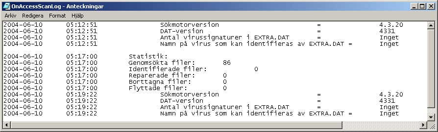 Genomsökning vid åtkomst Aktivitetslogg Aktivitetsloggen för åtkomstgenomsökning innehåller detaljerad information om genomsökningen.