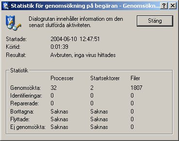 Visa resultat från genomsökning Sökstatistik Sammanfattningen Statistik för genomsökning på begäran innehåller antal filer som har sökts igenom, antal identifierade virus och de åtgärder som har