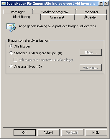 Konfigurera e-postgenomsökning Egenskaper för identifiering Använd alternativen på fliken Identifiering för att ange vilka bilagor och filtillägg som du vill söka igenom.