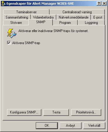Virusvarningar Skicka varningsmeddelanden via SNMP Alert Manager kan skicka varningsmeddelanden till andra datorer via SNMP (Simple Network Management Protocol).
