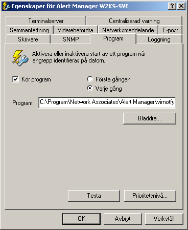 Virusvarningar Så här konfigurerar du Alert Manager att köra ett program när ett virus hittas: 1 Öppna dialogrutan Egenskaper för Alert Manager.