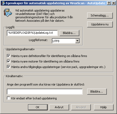 Uppdatering Konfigurera en AutoUpdate-aktivitet Du kan konfigurera och schemalägga automatiska uppdateringar efter egna önskemål. 1 Öppna VirusScan-konsolen.