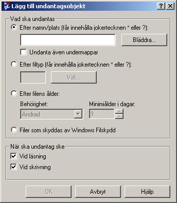 Undanta filer, mappar och enheter 4 Lägg till filer, mappar eller enheter eller redigera ett objekt i listan. Undantagsalternativen är desamma när du lägger till och redigerar ett undantagsobjekt.