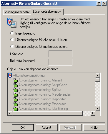 Installera användargränssnittet Så här ställer du in lösenordsskyddet från VirusScan-konsolen: 1 Välj Verktyg Alternativ för användargränssnitt och välj fliken Lösenordsalternativ. Figur 2-3.