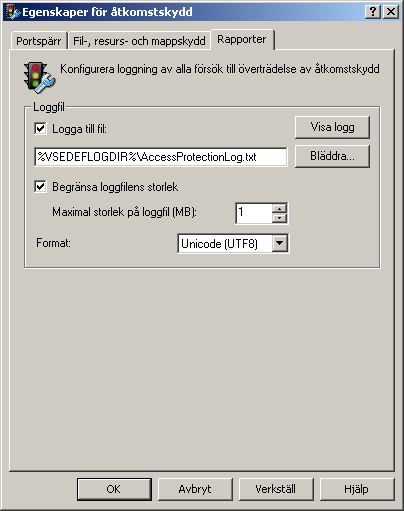 Åtkomstskydd Egenskaper för rapporter Så här anger du om aktiviteter ska loggas i en loggfil, samt plats, storleksbegränsning och format för loggfilen: 1 Öppna dialogrutan Egenskaper för åtkomstskydd