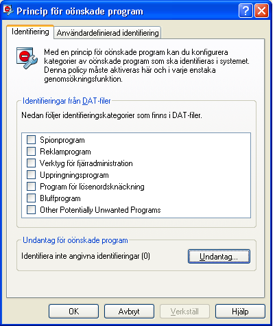 Princip för oönskade program Egenskaper för identifiering Med alternativen på fliken Identifiering kan du ange programkategorier eller enskilda program som ska identifieras eller undantas vid