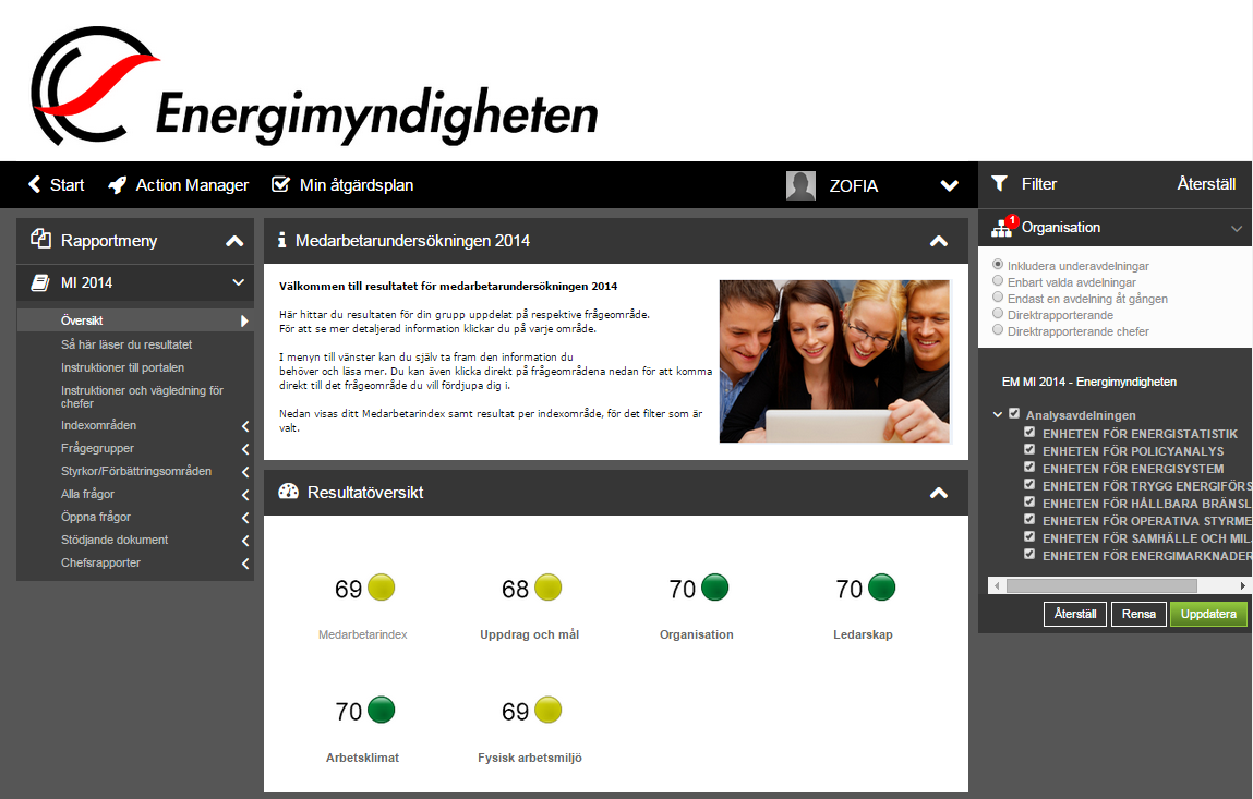 Exempel på portal för återkoppling av resultat Företaget AB Via filter kan överordnade chefer filtrera och titta på resultat