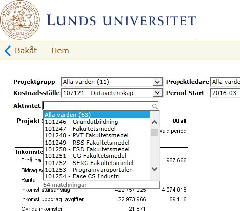 Gör dina olika urval i listboxarna, öppna upp värdelistan med valbara värden med hjälp av pilarna. Observera att när du ska välja en aktivitet finns ingen pil (enbart ett förstoringsglas).