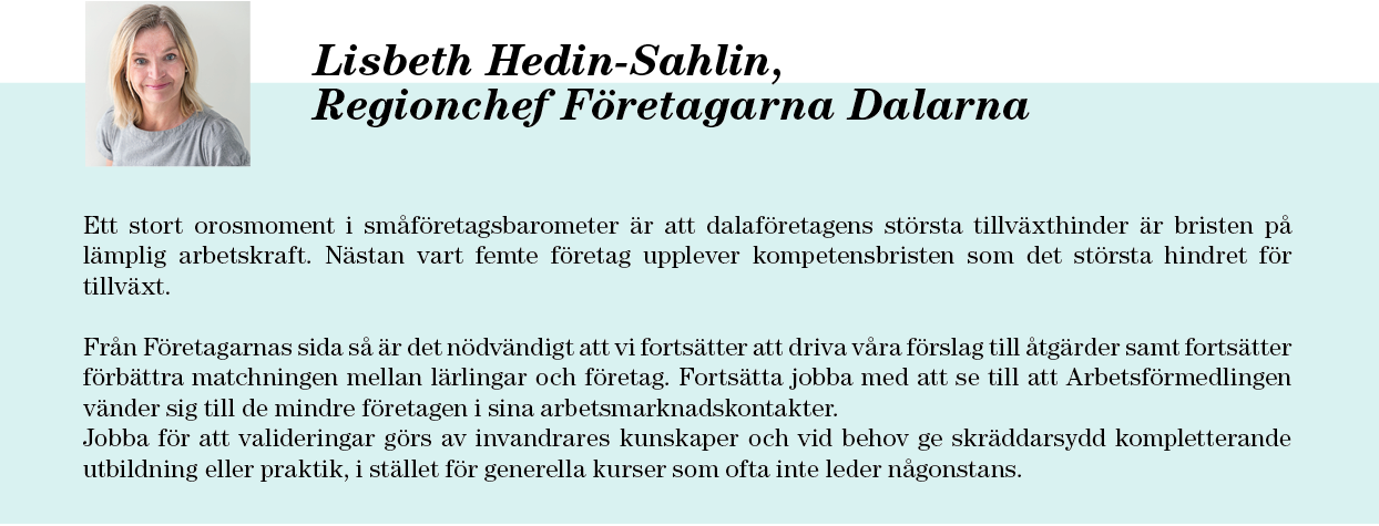 Figur 13 Länsfördelning runt riksgenomsnittet av sammanlagd konjunkturindikator (nettotal) 2016 Lisbeth Hedin-Sahlin, Regionchef Företagarna Dalarna Ett stort orosmoment i småföretagsbarometer är att