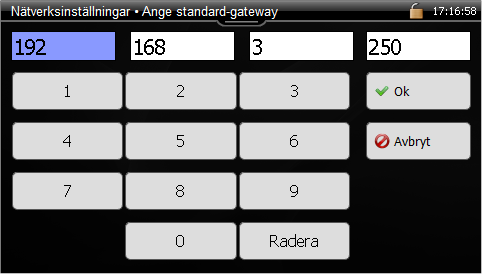 Nätverk För att gå ur menyn sveper du med fingret åt höger. Via denna meny kan du visa och ändra uppgifter för IP-adress, nätmask, standard-gateway och DNS-server i EcoPAC.