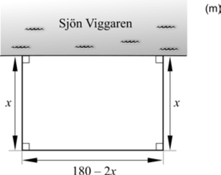 9) Bengt i Boda tänker bygga en rektangulär hage för sina hästar på ängsmarken som gränsar till sjön Viggaren.