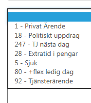 Här stämplar man in/ut med aktuell tid. Dagens datum ligger fast man väljer vilken typ av stämpling som ska göras In, Ut, Rast In och Rast Ut. Stämpling skapas genom att trycka på spara.