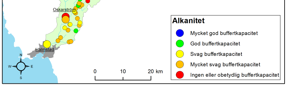 Recipientkontrollen 214 Figur 13. Försurningstillstånd med avseende på buffertkapacitet (minvärden under perioden 212-214) i Nissans avrinningsområde.