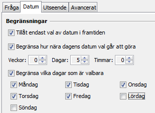 Begränsningar Tillåt endast datum i framtiden Kryssa i denna om man inte skall få välja datum som redan har varit.