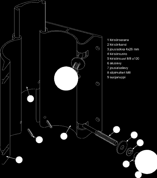 1. säppi 1. hasp 2. mutteri M6 2. mutter M6 3. nostinlaite 3. lyftanordning 4. ketjupyörä 4. kedjehjul 5. pultti M6 x 90 mm 5. bult M6 x 90 mm 6. pylväsprofiili 6. stolpprofil 7. nostimien runko 7.