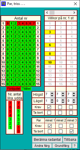 Par, triss mm Här finns flera möjligheter att sätta krav på raderna. Exemplen på bilden visar hur det fungerar. För chans till 7 rätt måste den rätta raden uppfylla kraven nedan.