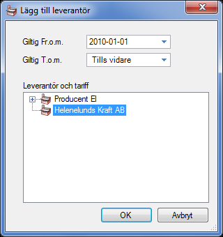 Bild 155: Fliken "Leverantör" Gränssnittet Lägg till leverantör har följande delar: Giltig Fr.o.m. : Det datum från och med aktuell mätare kopplas ihop med leverantören. Giltig T.o.m. : Det datum till och med aktuell mätare kopplas ihop med leverantören.