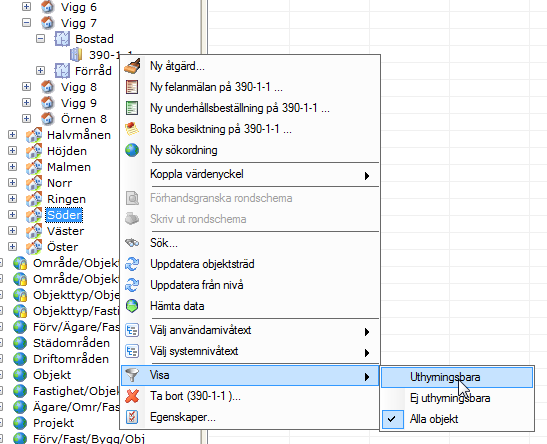 Visning Under högerklicksmenyn i objektsträdet finns valet Visa.