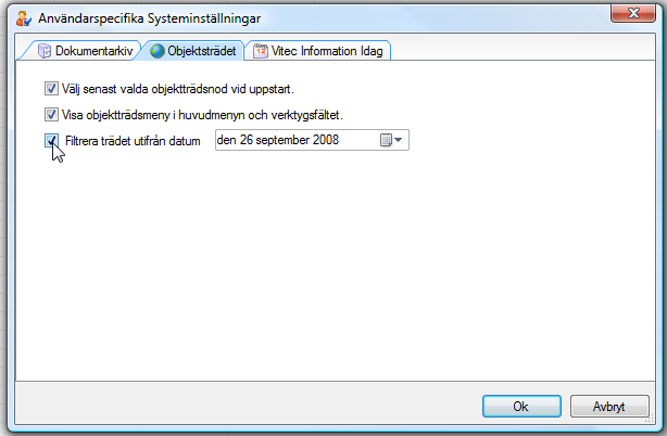 Om man kryssar i valet och sedan väljer ett datum i kontrollen till höger kan man för den inloggade användaren bestämma ett datum utifrån vilket trädet skall filtreras.