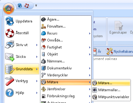Skapa Mätare Mätare kan antingen vara kopplad till Fastighet Byggnad Mätplats Mätare skapas via Grunddata /Mätare /Mätare, se bild nedan.