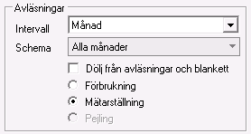 Avläsningsinformation Beskrvining Standard Intervall Välj Timme eller Månad Månad Schema Dölj från avläsningar och blankett Förbrukning Mätarställning Välj antingen Alla månader alt.