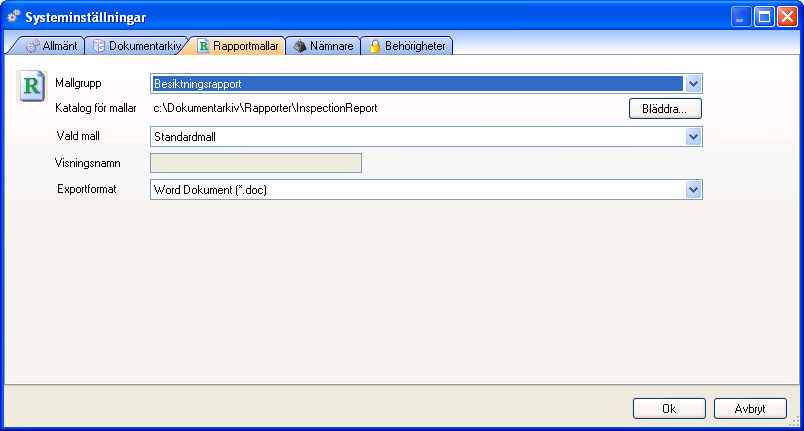 Bild 240 - Dialogen Systeminställningar Rapportmallar I alternativet Mallgrupp finns exempelvis följande mallgrupper Besiktningsbokningsrapport Besiktningsrapport inflytt Besiktningsrapport utflytt