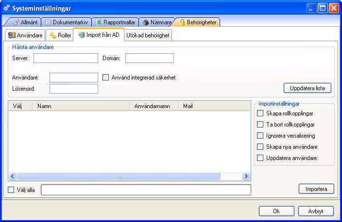 Import från AD Bild 257 - Systeminställningar Behörighet/Import från AD Fliken Import från AD hanterar uppdateringar från