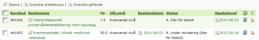 Markera att kursplanen är klar för beslut Detta avsnitt vänder sig till PH och handläggare på institution.