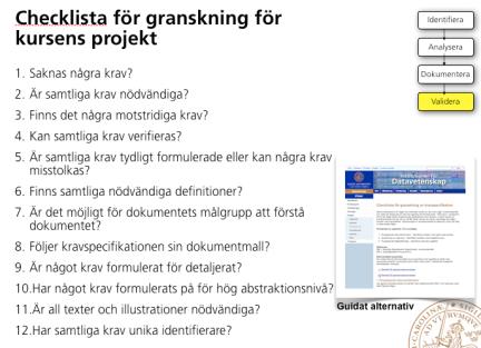 Lästekniker vid individuell granskning Ad-hoc - Upp till granskaren Checklist-baserad - Stöd av en checklista - Vanligen framtagen av organisationens kvalitetsingenjörer