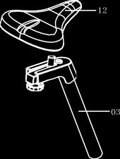 Steg 3 Dra ut justeringsskruven (17) ur huvudramen (01) och för in sadelstången (03) i huvudramen. Fäst sadeln(12) på sadelstången (03). Fäst justeringsskruven (17) i något av hålen i sadelstången.
